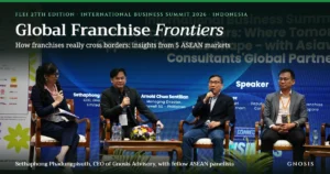 Sethaphong Phadungpisuth of Gnosis Advisory speaks with fellow ASEAN franchise panelists at the FLEI 2026 International Business Summit