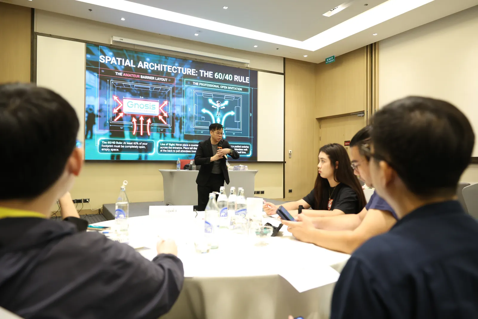 สไลด์ Spatial Architecture กฎ 60/40 การจัดพื้นที่บูธงานแฟรนไชส์ ในเวิร์กช็อปของ Gnosis Advisory